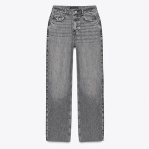 Zara Straight Mid Rise Fray Hem Jeans Rigid Denim Gray Black sz 28
